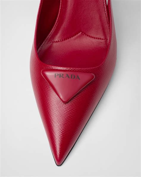 Cherry Red Saffiano Patent Leather Slingback Pumps .